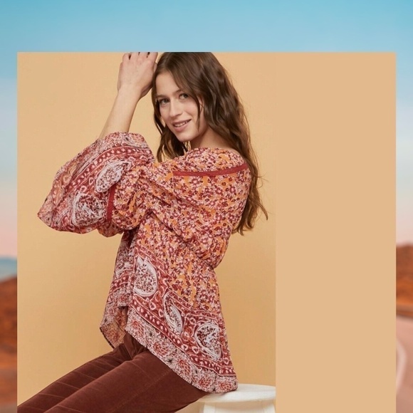 FREE PEOPLE Lorraine RETRO Print Tie-Front Wide Sleeve Flowy Tiered Kimono-Md - Picture 2 of 13